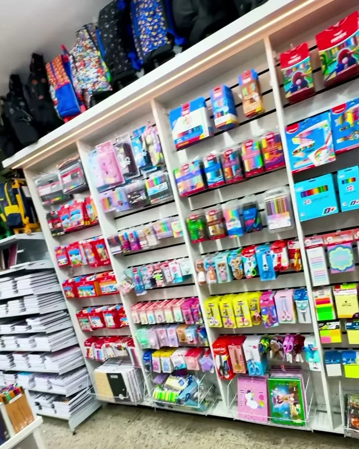 Prateleiras da loja com canetas, marca-textos e materiais coloridos organizados por tipo